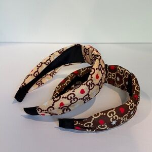 Knotted Satin Headband - Brown and Beige with Red Accent